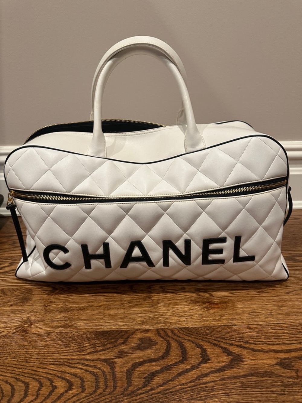 CHANEL White Quilted Logo Bowling Bag with Black Accents